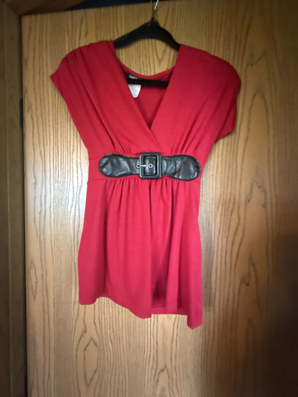 Anxiety Red V-Neck Cap Sleeve Top with Black Faux Leather Belt and Tie Back